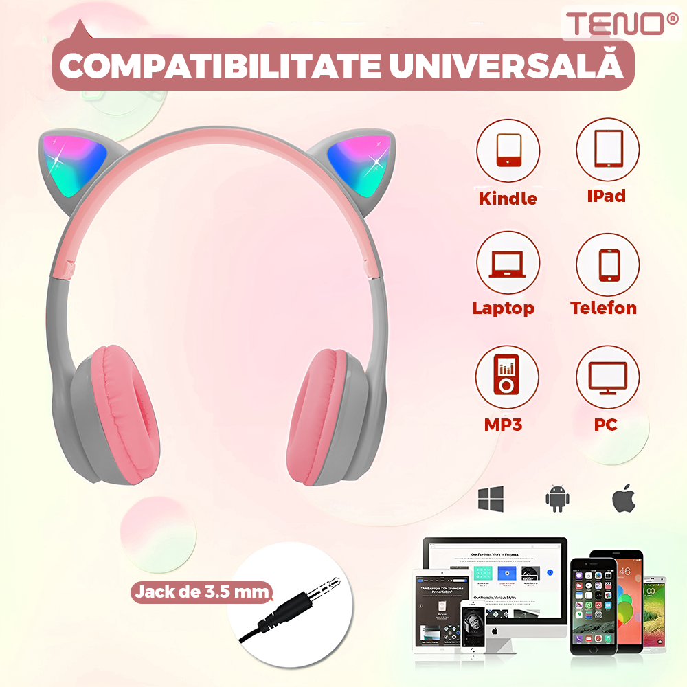 Casti Wireless Model Pisica Teno953, P47M, overear, urechi de pisica cu iluminare RGB, bluetooth 5.0, handsfree, HiFi, bass stereo, gri/roz