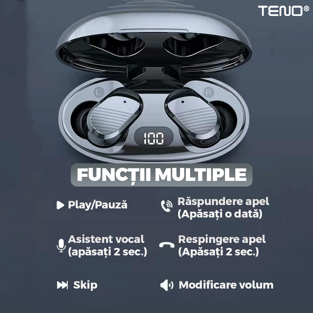Casti Wireless Teno985, TWS, Bluetooth 5.0, afisaj digital, carcasa magnetica, sunet stereo, compatibilitate univesala, design compact, autonomie 7 ore,negru