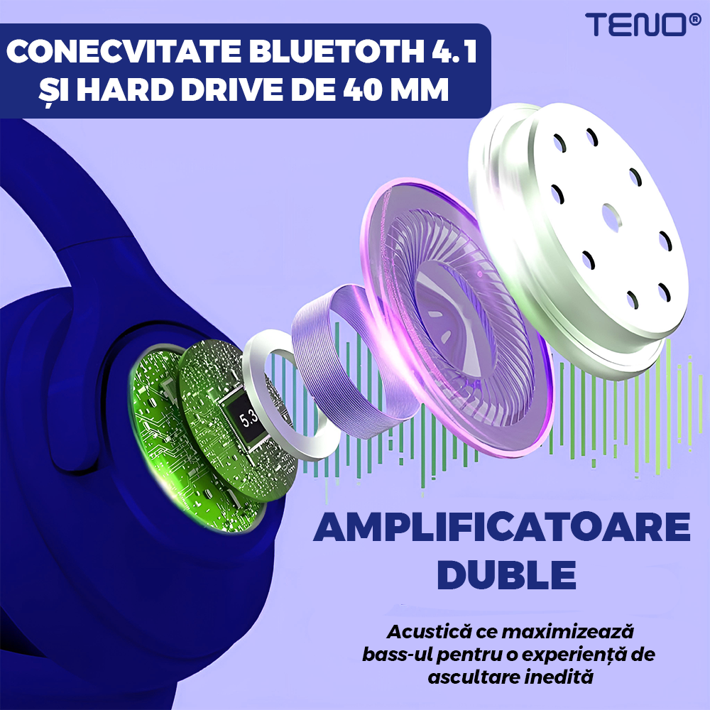 Casti Wireless Teno960, TV11, overear, bluetooth 4.1, extra bass bright series MP3 cu microfon, radio Fm si SD card, albastru inchis