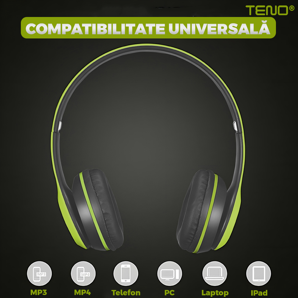 Casti Wireless Teno957, P47, overear, bluetooth 5.0, 3 porturi integrate, handsfree, HiFi, bass stereo, gri/lime