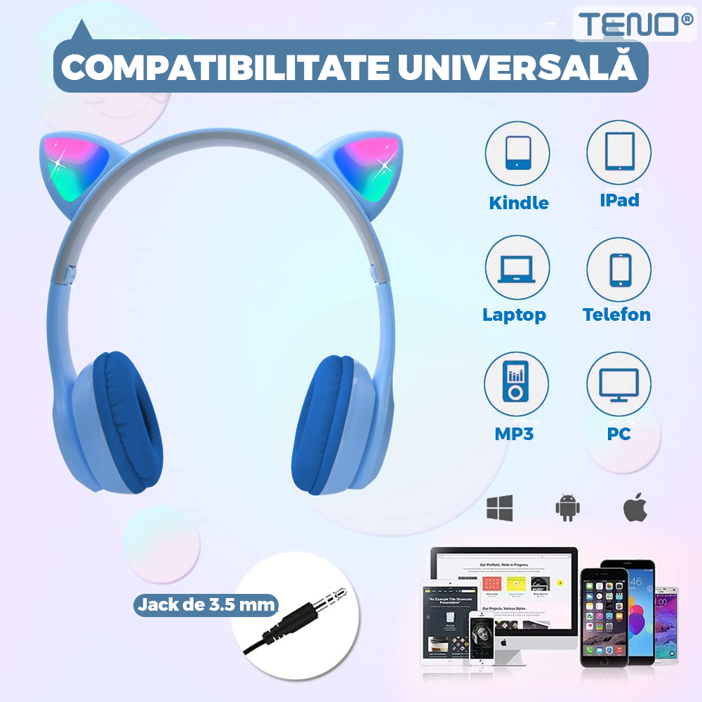 Casti Wireless Model Pisica Teno955, P47M, overear, urechi de pisica cu iluminare RGB, bluetooth 5.0, handsfree, HiFi, bass stereo, albastru deschis