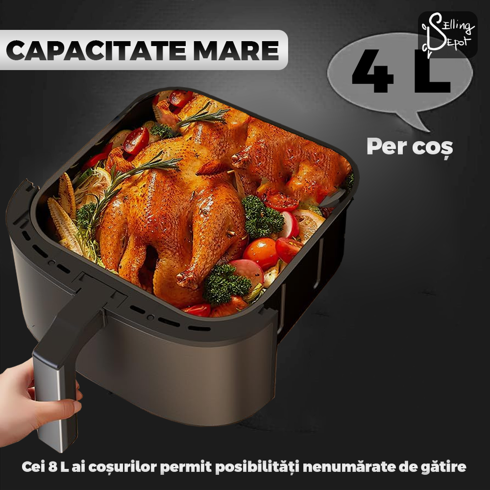 Friteuza Dubla Fara Ulei Air Fryer Teno753, tehnologie smart sensing, programe smart chef automate, afisaj digital, capacitate 8 L, tehnologie de eliminare a grasimii, functie de pastrare la cald,tensiune alimentare 220-240 V, culoare negru