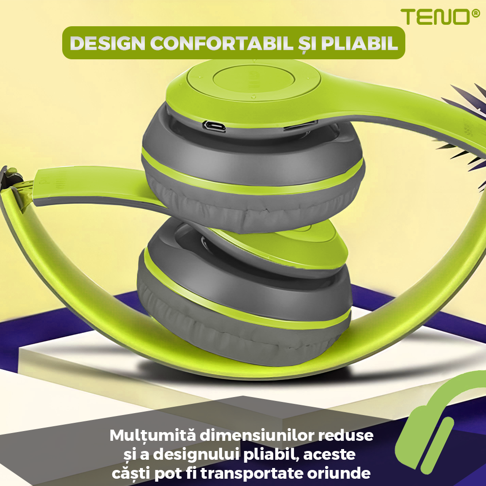 Casti Wireless Teno957, P47, overear, bluetooth 5.0, 3 porturi integrate, handsfree, HiFi, bass stereo, gri/lime