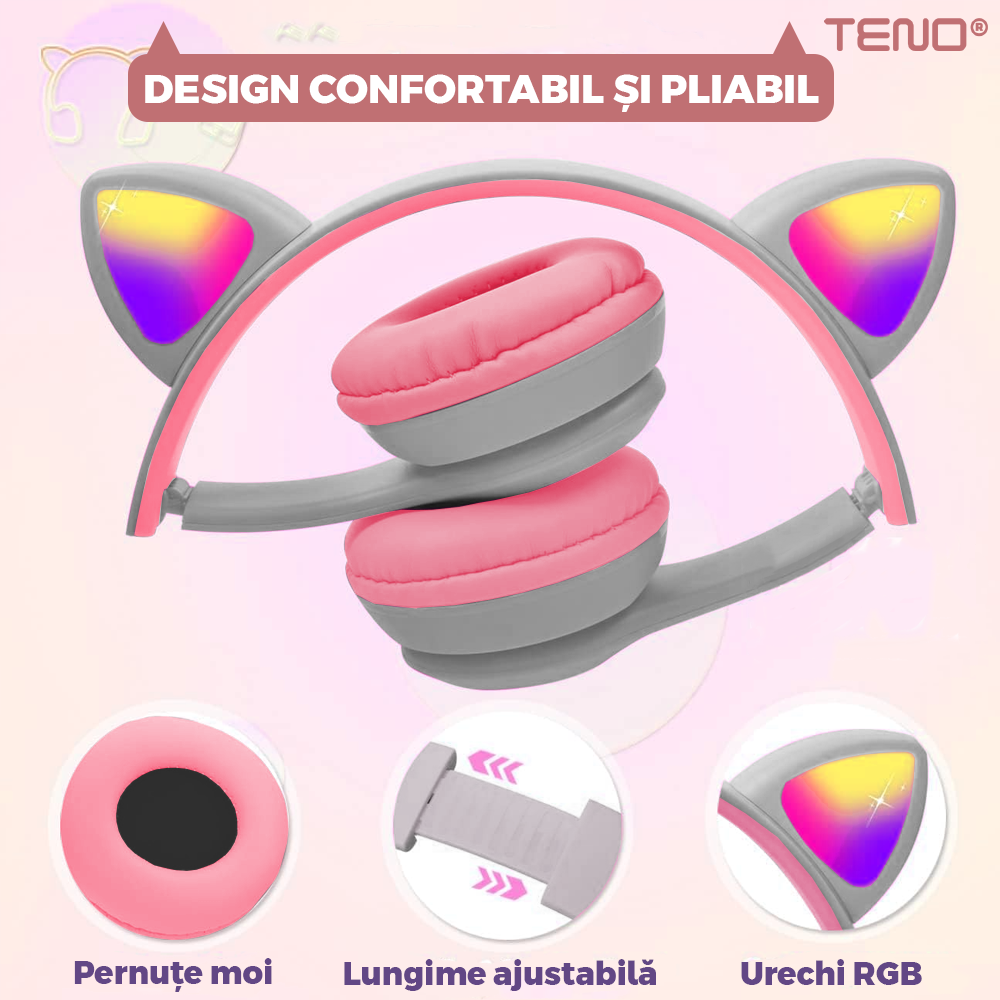 Casti Wireless Model Pisica Teno953, P47M, overear, urechi de pisica cu iluminare RGB, bluetooth 5.0, handsfree, HiFi, bass stereo, gri/roz