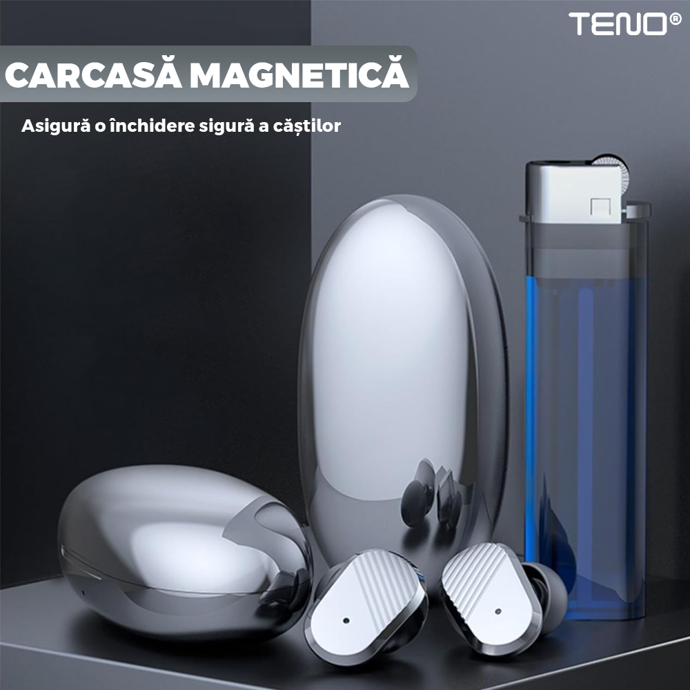 Casti Wireless Teno985, TWS, Bluetooth 5.0, afisaj digital, carcasa magnetica, sunet stereo, compatibilitate univesala, design compact, autonomie 7 ore,negru