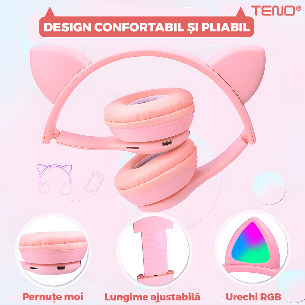 Casti Wireless Model Pisica Teno951, P47M, overear, urechi de pisica cu iluminare RGB, bluetooth 5.0, handsfree, HiFi, bass stereo, roz