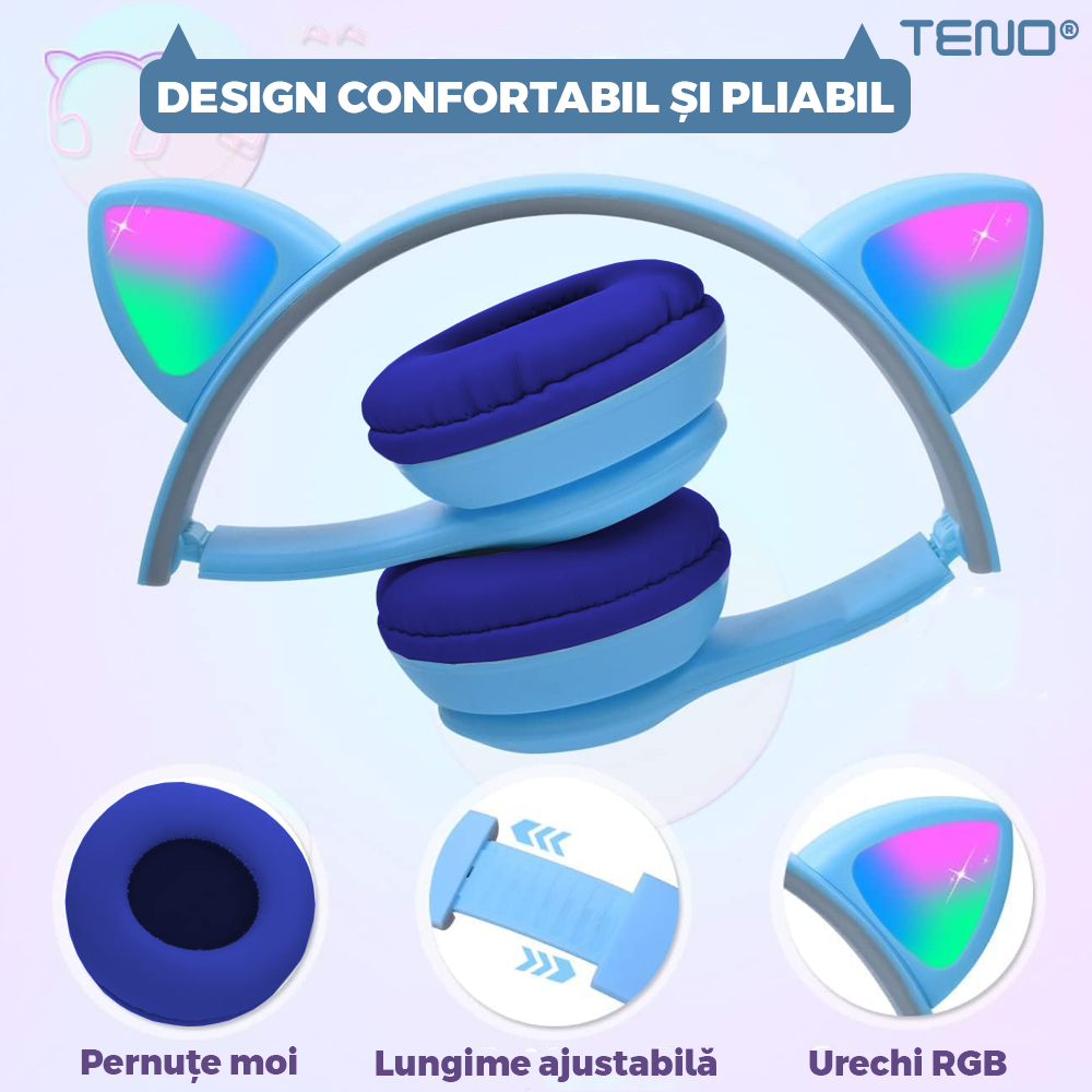 Casti Wireless Model Pisica Teno955, P47M, overear, urechi de pisica cu iluminare RGB, bluetooth 5.0, handsfree, HiFi, bass stereo, albastru deschis