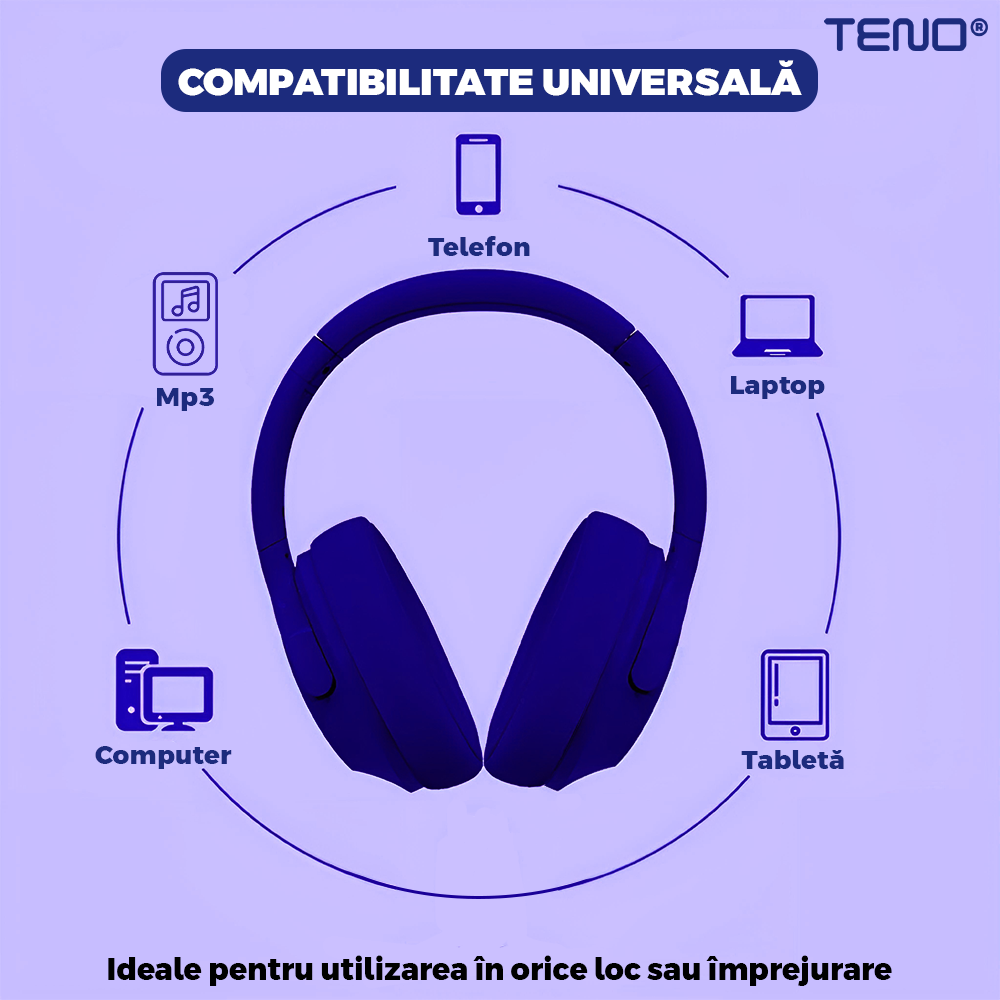 Casti Wireless Teno960, TV11, overear, bluetooth 4.1, extra bass bright series MP3 cu microfon, radio Fm si SD card, albastru inchis