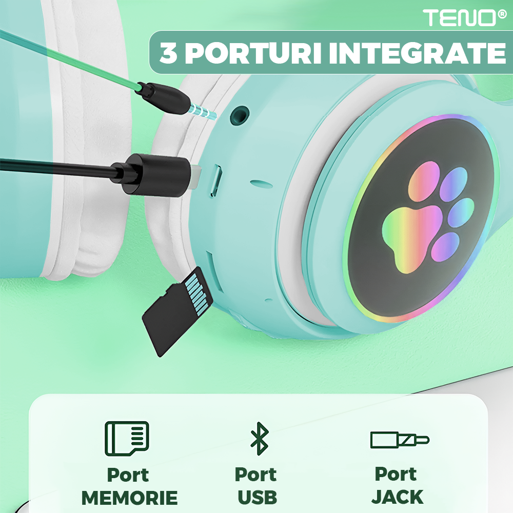 Casti Wireless Model Pisica Teno948, STN-28, overear, urechi de pisica cu iluminare RGB, bluetooth 5.0, handsfree, HiFi, bass stereo, turcoaz