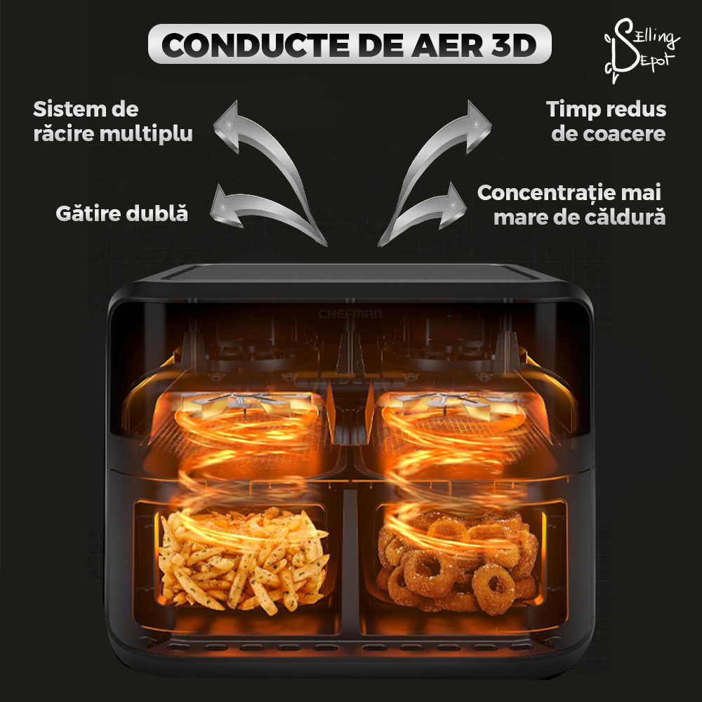 Friteuza Dubla Fara Ulei Air Fryer Teno753, tehnologie smart sensing, programe smart chef automate, afisaj digital, capacitate 8 L, tehnologie de eliminare a grasimii, functie de pastrare la cald,tensiune alimentare 220-240 V, culoare negru