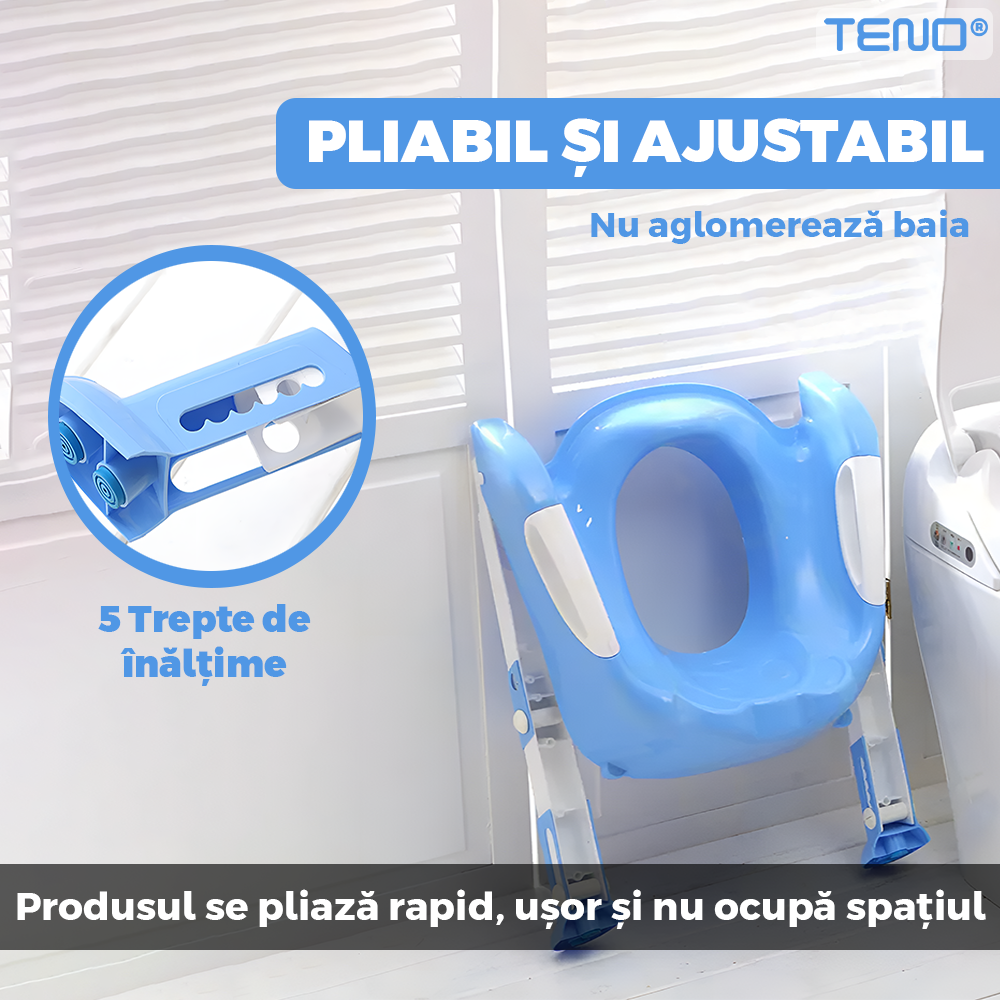 Reductor WC cu Scara Teno974, antiderapant, pentru copii cu varsta pana la 7 ani, protectie impotriva stropilor, 1 treapta, reglabil pe inaltime, manere de sustinere, alb/albastru