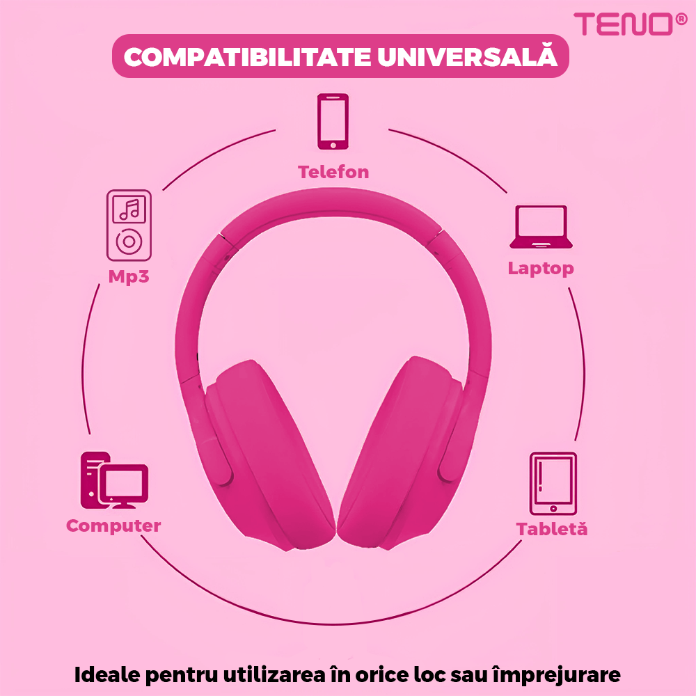 Casti Wireless Teno959, TV11, overear, bluetooth 4.1, extra bass bright series MP3 cu microfon, radio Fm si SD card, roz