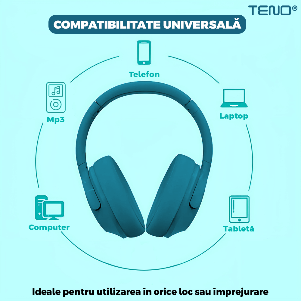 Casti Wireless Teno961, TV11, overear, bluetooth 4.1, extra bass bright series MP3 cu microfon, radio Fm si SD card, albastru turcoaz