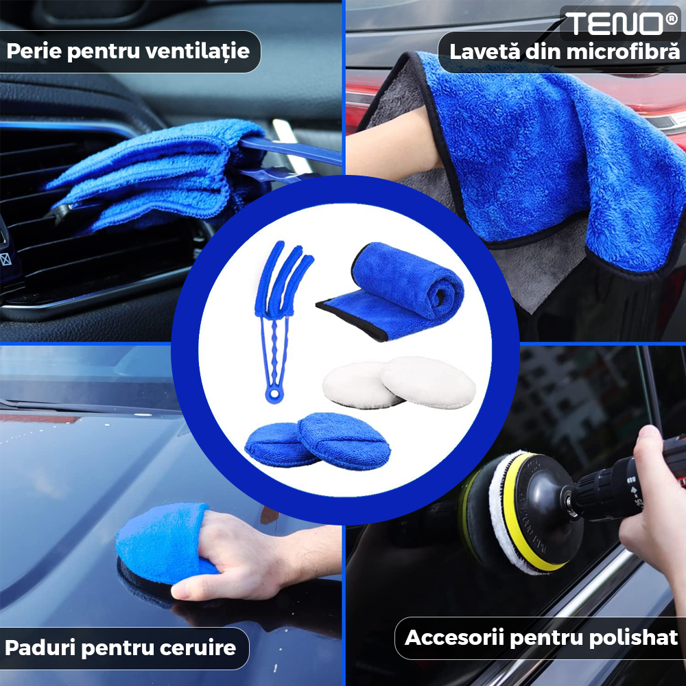 Set Premium 26 Piese Detailing Auto Teno677, curatare masina Interior-exterior, 5 pensule detaliu, burete aplicator, laveta microfibra, perii aer conditionat, perii de zimtate, manusa microfibra fata-verso, albastru