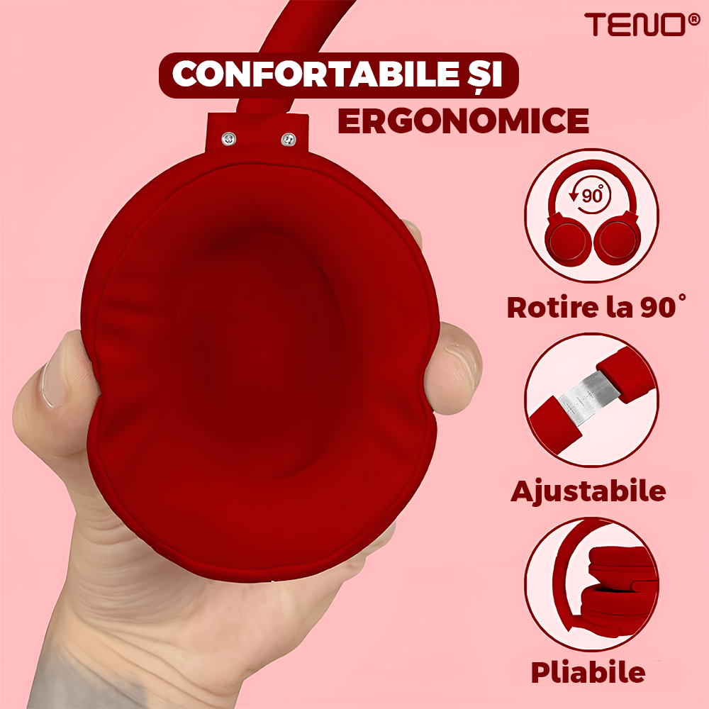 Casti Wireless Teno958, TV11, overear, bluetooth 4.1, extra bass bright series MP3 cu microfon, radio Fm si SD card, rosu
