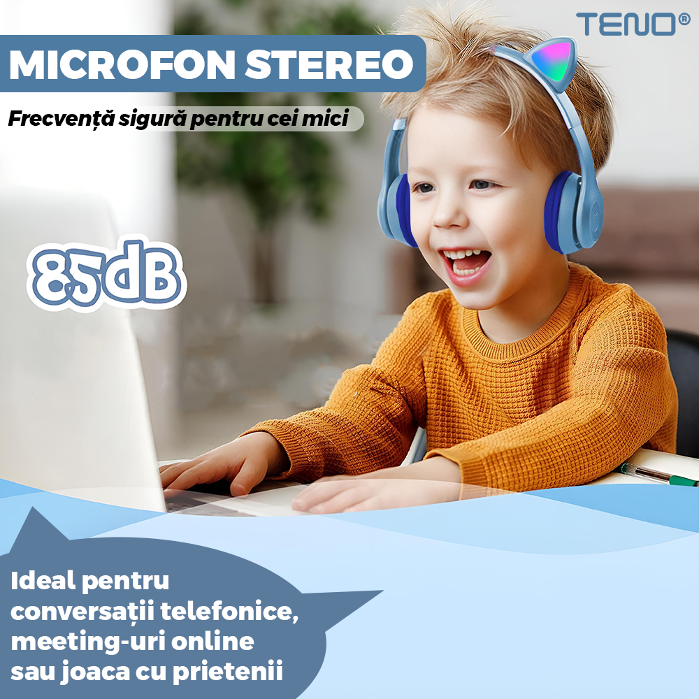 Casti Wireless Model Pisica Teno955, P47M, overear, urechi de pisica cu iluminare RGB, bluetooth 5.0, handsfree, HiFi, bass stereo, albastru deschis