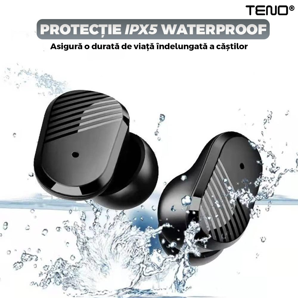 Casti Wireless Teno985, TWS, Bluetooth 5.0, afisaj digital, carcasa magnetica, sunet stereo, compatibilitate univesala, design compact, autonomie 7 ore,negru