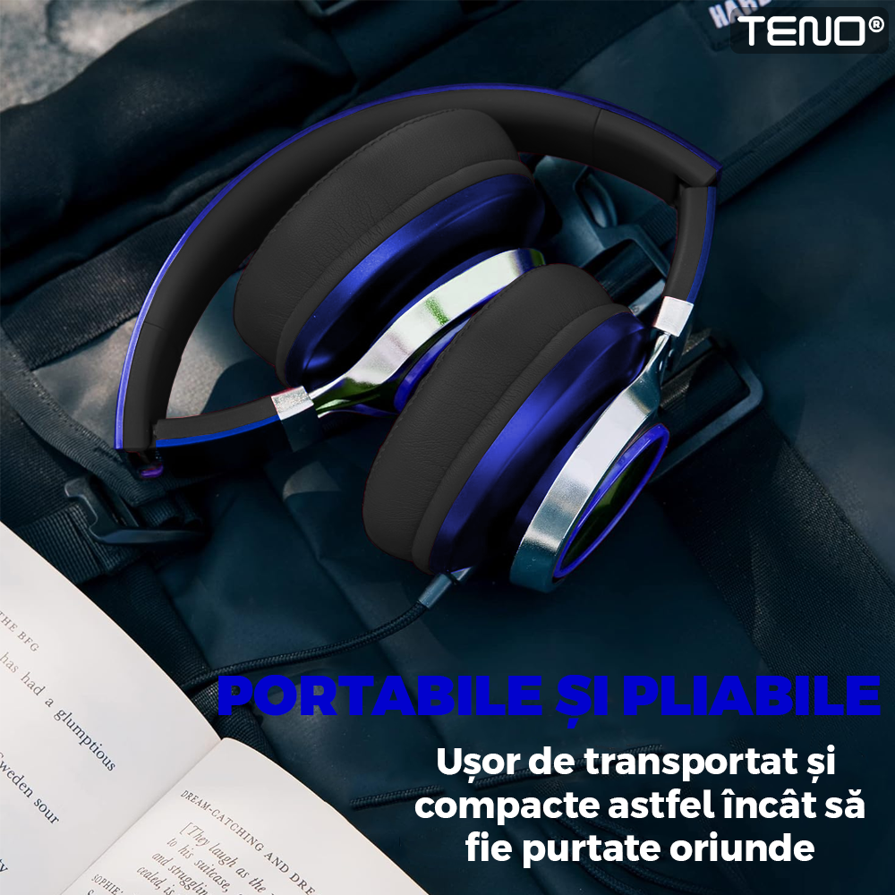Casti Wireless Teno963, overear, bluetooth 4.2, extra bass, blocare sunete externe, slot card TF, functii multiple, albastru