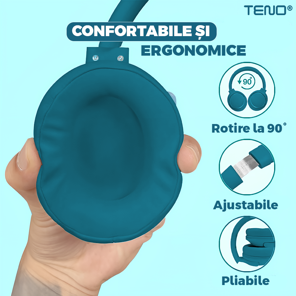 Casti Wireless Teno961, TV11, overear, bluetooth 4.1, extra bass bright series MP3 cu microfon, radio Fm si SD card, albastru turcoaz