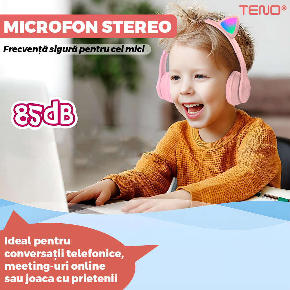 Casti Wireless Model Pisica Teno951, P47M, overear, urechi de pisica cu iluminare RGB, bluetooth 5.0, handsfree, HiFi, bass stereo, roz