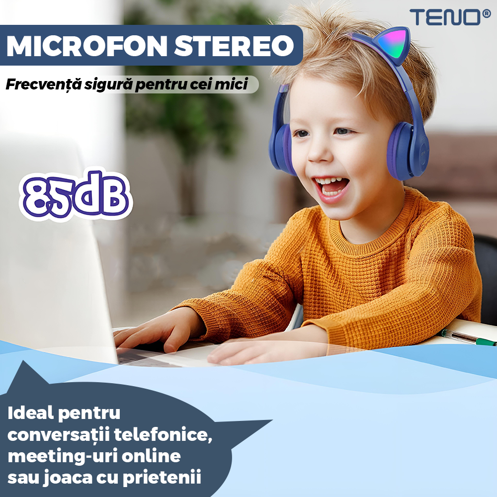 Casti Wireless Model Pisica Teno954, P47M, overear, urechi de pisica cu iluminare RGB, bluetooth 5.0, handsfree, HiFi, bass stereo, albastru inchis