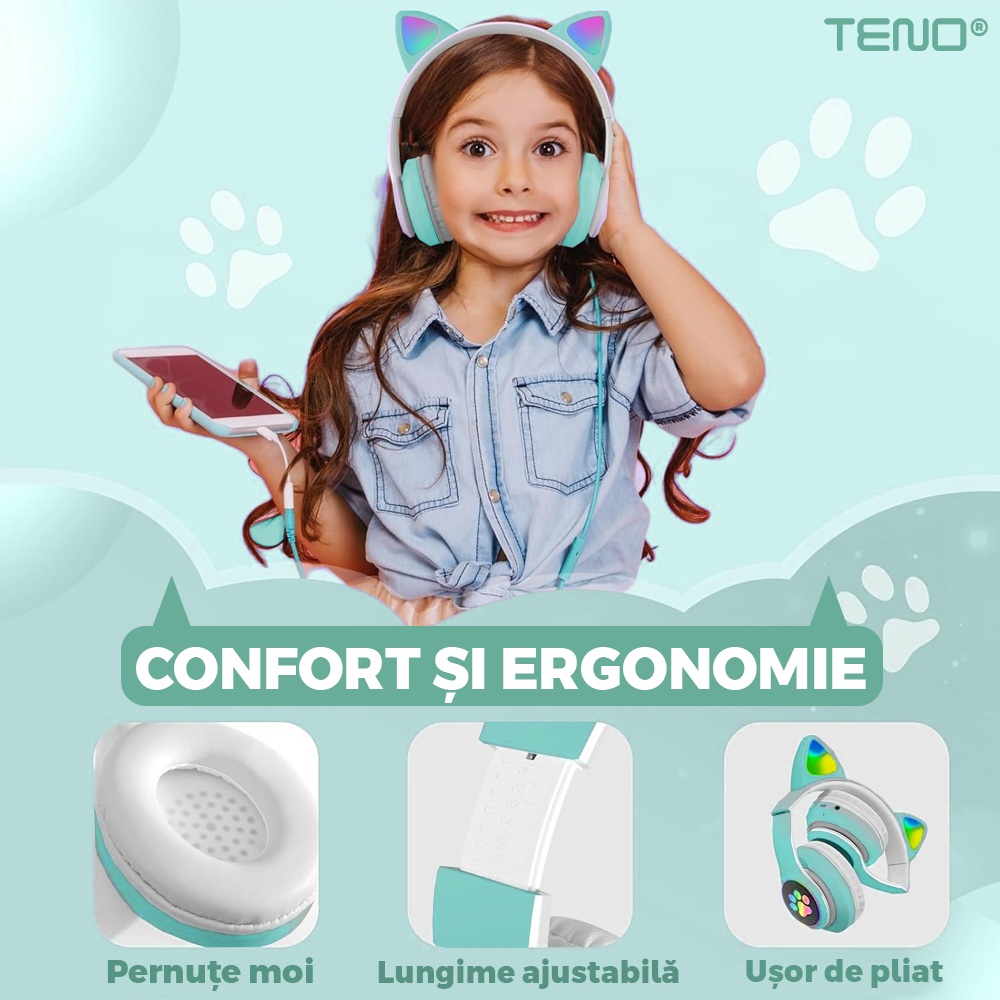Casti Wireless Model Pisica Teno948, STN-28, overear, urechi de pisica cu iluminare RGB, bluetooth 5.0, handsfree, HiFi, bass stereo, turcoaz