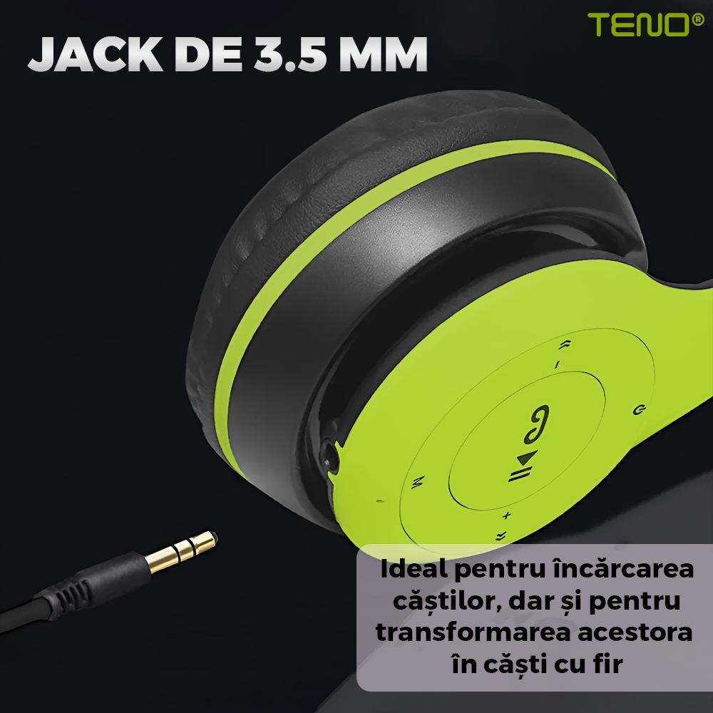 Casti Wireless Teno957, P47, overear, bluetooth 5.0, 3 porturi integrate, handsfree, HiFi, bass stereo, gri/lime