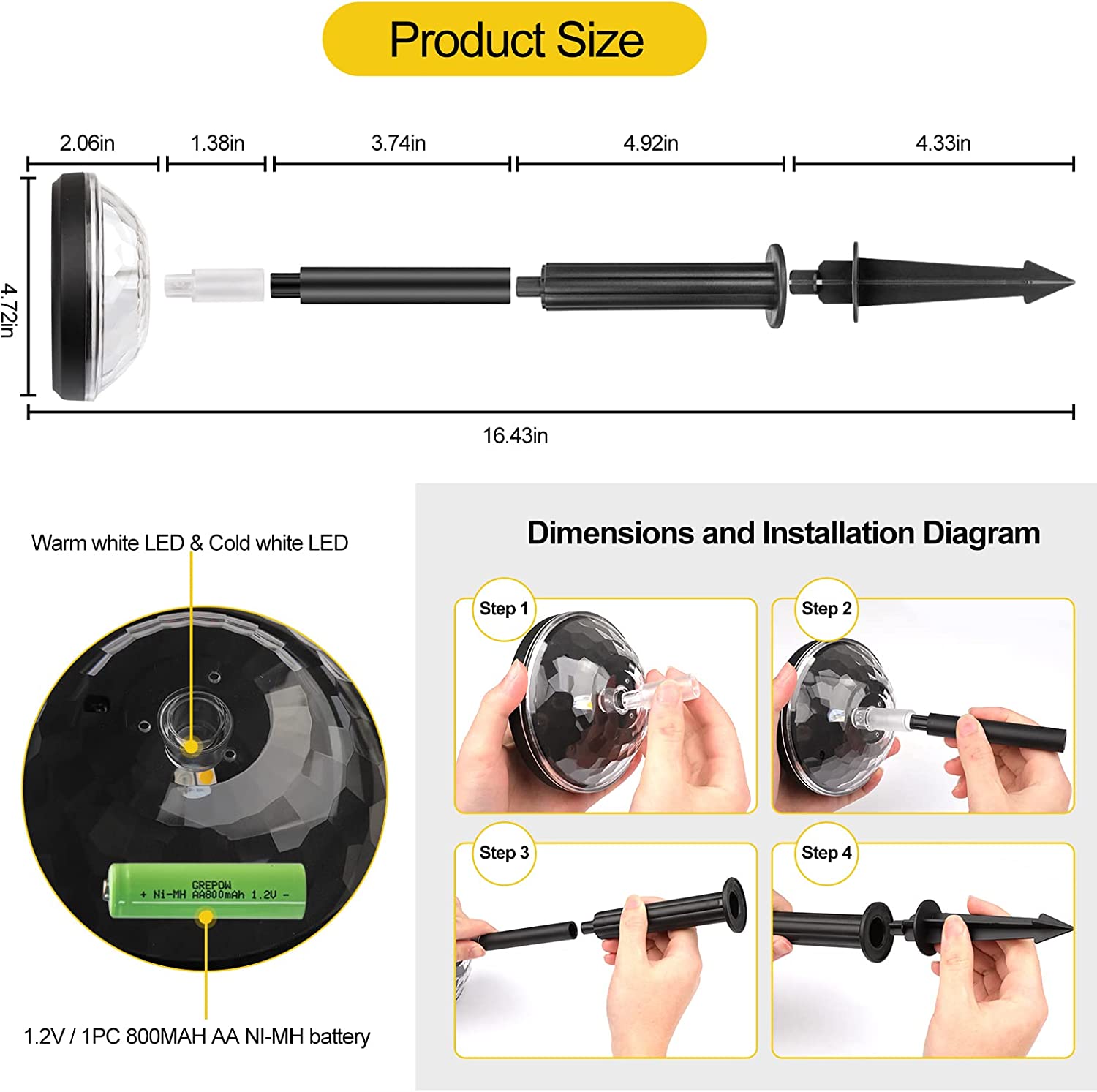 Set 2 lampi LED cu 2 moduri de lumina, incarcare solara, pentru gradina, IP67 Waterproof