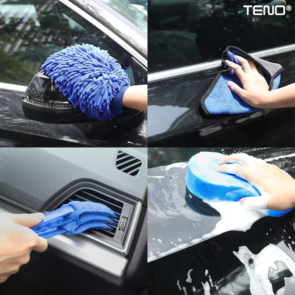 Set Premium 26 Piese Detailing Auto Teno677, curatare masina Interior-exterior, 5 pensule detaliu, burete aplicator, laveta microfibra, perii aer conditionat, perii de zimtate, manusa microfibra fata-verso, albastru