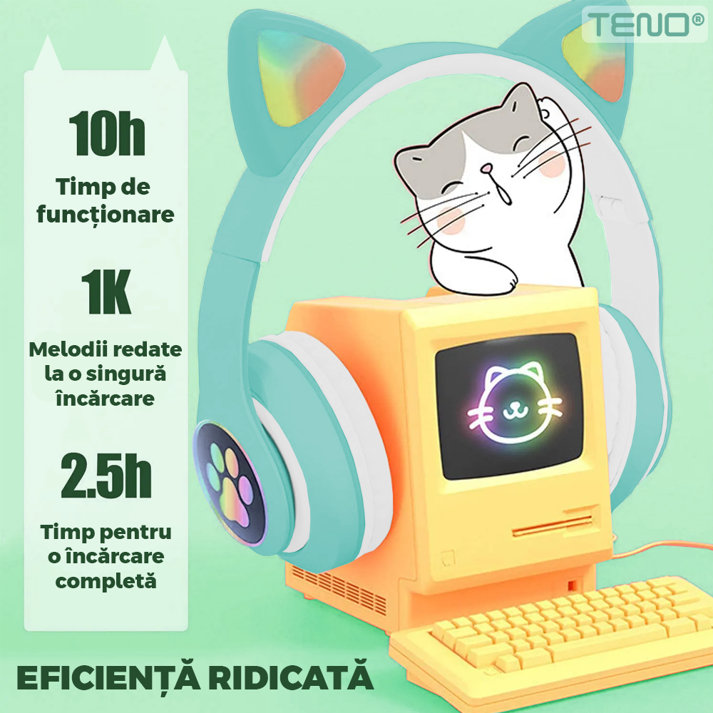 Casti Wireless Model Pisica Teno948, STN-28, overear, urechi de pisica cu iluminare RGB, bluetooth 5.0, handsfree, HiFi, bass stereo, turcoaz