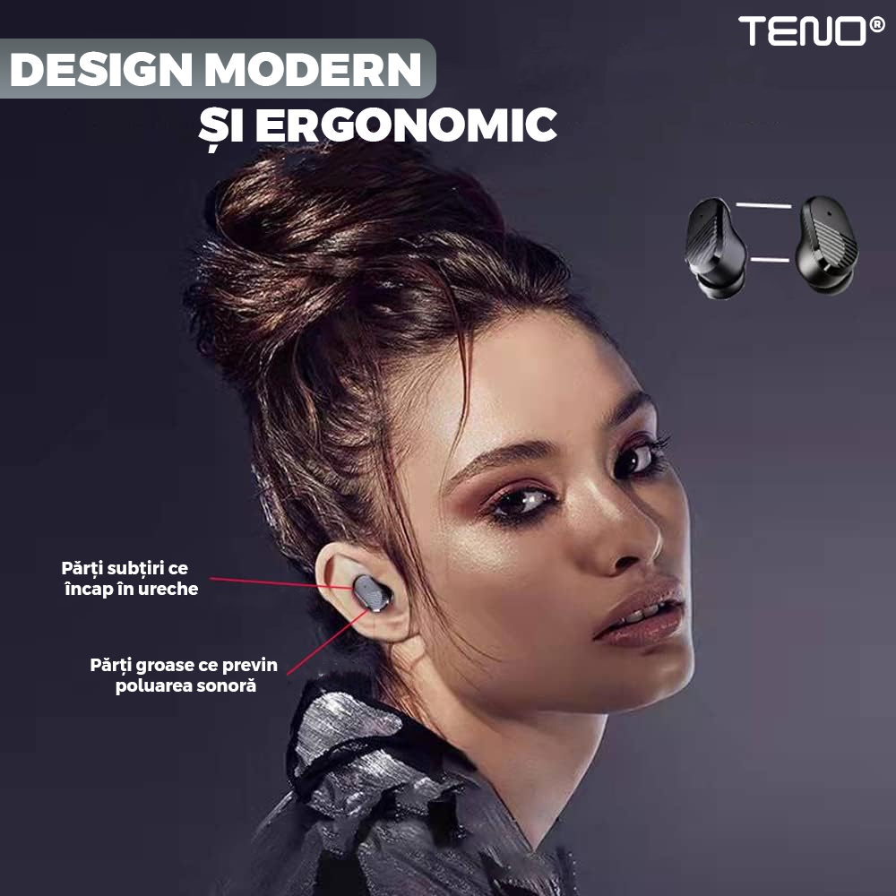 Casti Wireless Teno985, TWS, Bluetooth 5.0, afisaj digital, carcasa magnetica, sunet stereo, compatibilitate univesala, design compact, autonomie 7 ore,negru