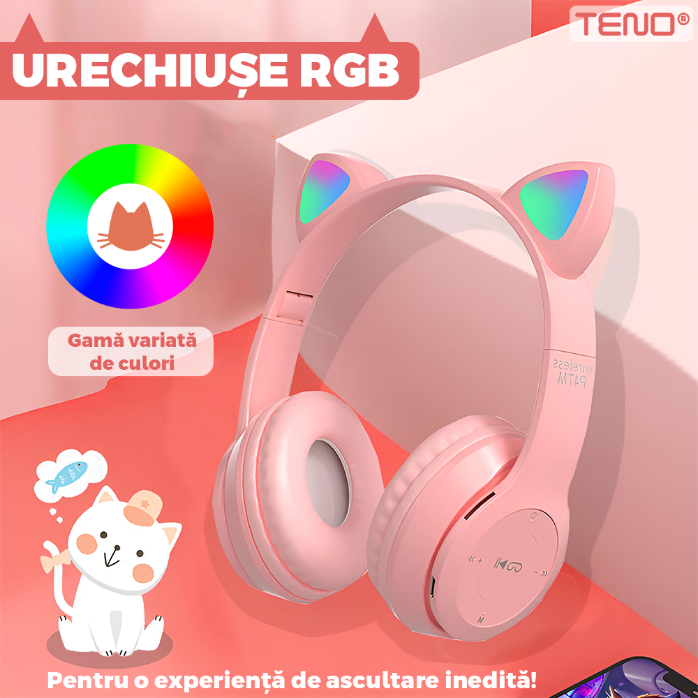 Casti Wireless Model Pisica Teno951, P47M, overear, urechi de pisica cu iluminare RGB, bluetooth 5.0, handsfree, HiFi, bass stereo, roz
