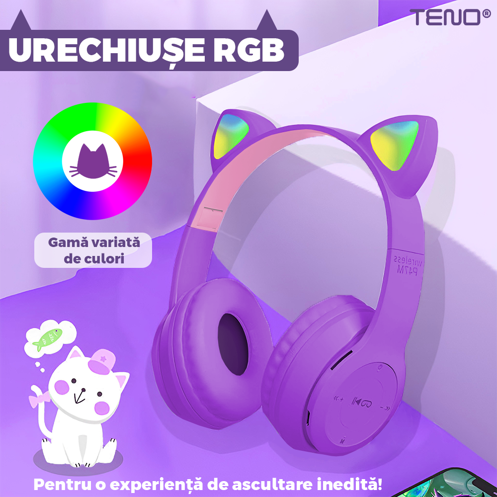 Casti Wireless Model Pisica Teno952, P47M, overear, urechi de pisica cu iluminare RGB, bluetooth 5.0, handsfree, HiFi, bass stereo, mov