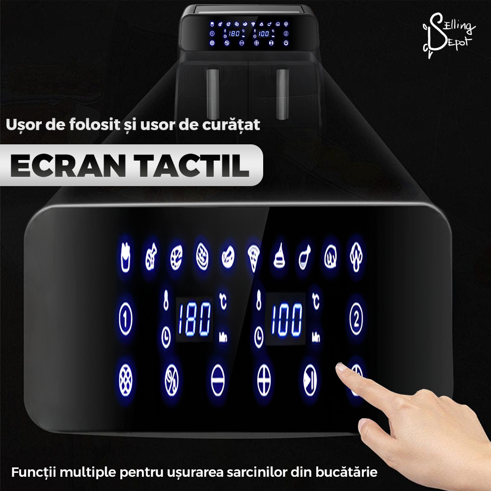 Friteuza Dubla Fara Ulei Air Fryer Teno753, tehnologie smart sensing, programe smart chef automate, afisaj digital, capacitate 8 L, tehnologie de eliminare a grasimii, functie de pastrare la cald,tensiune alimentare 220-240 V, culoare negru