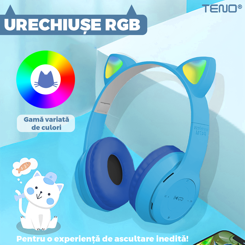 Casti Wireless Model Pisica Teno955, P47M, overear, urechi de pisica cu iluminare RGB, bluetooth 5.0, handsfree, HiFi, bass stereo, albastru deschis