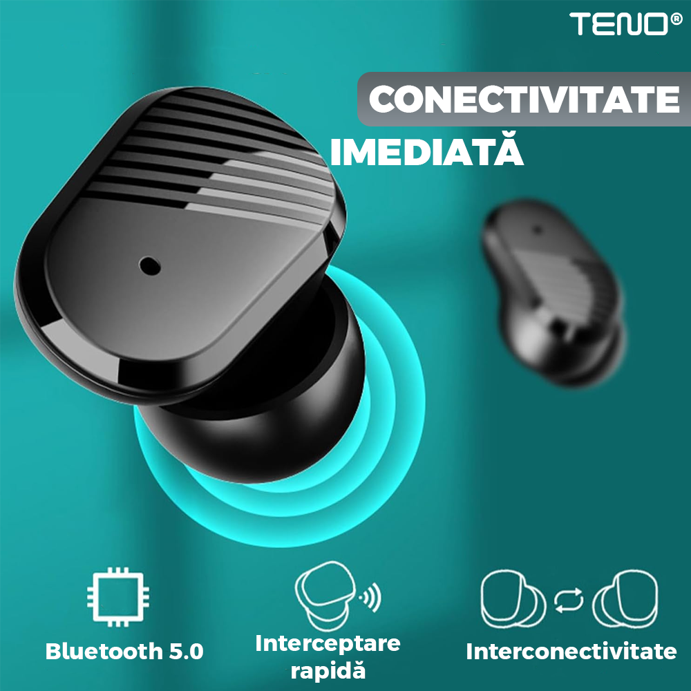 Casti Wireless Teno985, TWS, Bluetooth 5.0, afisaj digital, carcasa magnetica, sunet stereo, compatibilitate univesala, design compact, autonomie 7 ore,negru