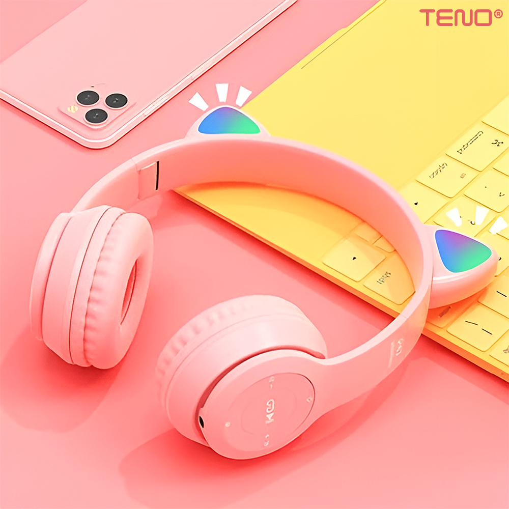 Casti Wireless Model Pisica Teno951, P47M, overear, urechi de pisica cu iluminare RGB, bluetooth 5.0, handsfree, HiFi, bass stereo, roz