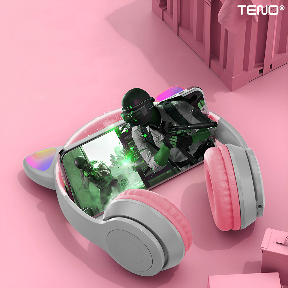 Casti Wireless Model Pisica Teno953, P47M, overear, urechi de pisica cu iluminare RGB, bluetooth 5.0, handsfree, HiFi, bass stereo, gri/roz