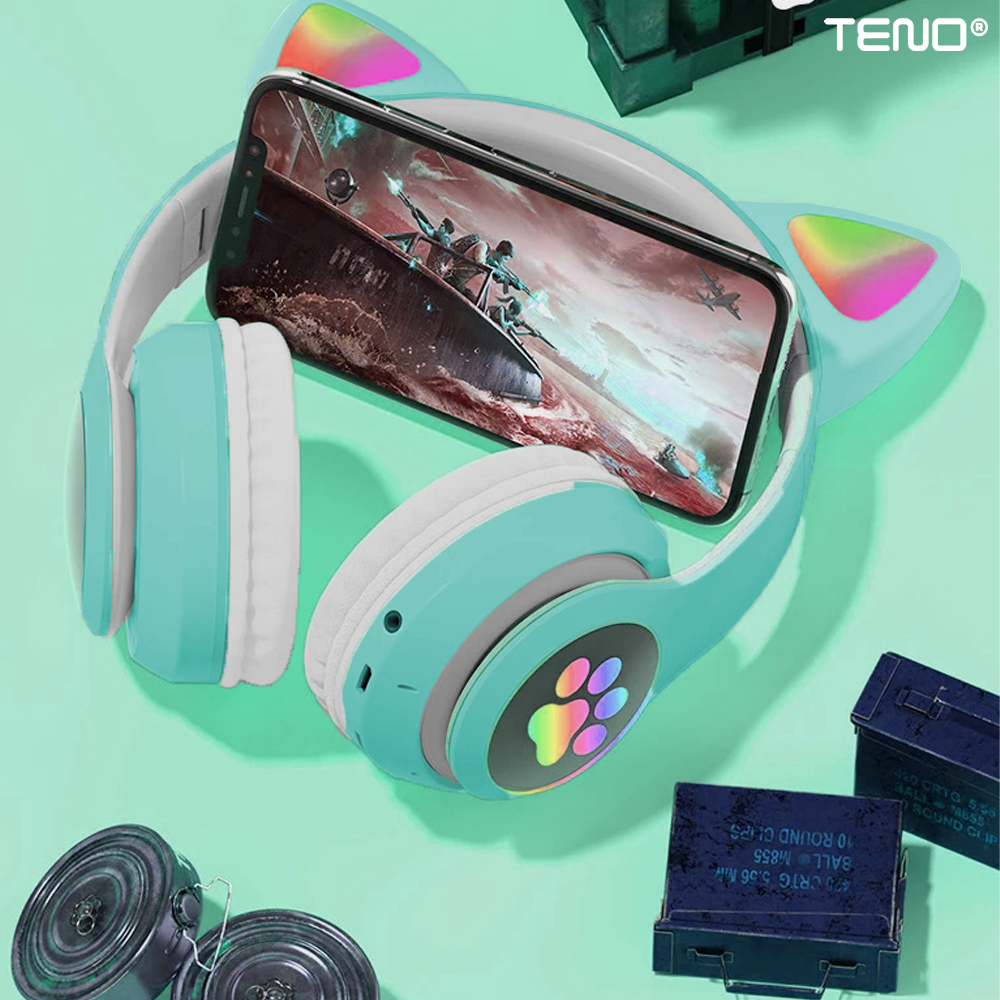 Casti Wireless Model Pisica Teno948, STN-28, overear, urechi de pisica cu iluminare RGB, bluetooth 5.0, handsfree, HiFi, bass stereo, turcoaz