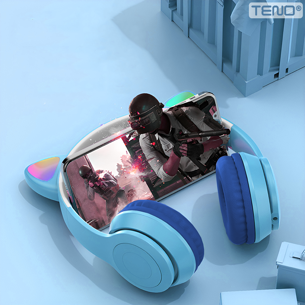 Casti Wireless Model Pisica Teno955, P47M, overear, urechi de pisica cu iluminare RGB, bluetooth 5.0, handsfree, HiFi, bass stereo, albastru deschis