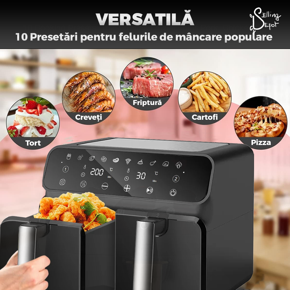 Friteuza Dubla Fara Ulei Air Fryer Teno753, tehnologie smart sensing, programe smart chef automate, afisaj digital, capacitate 8 L, tehnologie de eliminare a grasimii, functie de pastrare la cald,tensiune alimentare 220-240 V, culoare negru