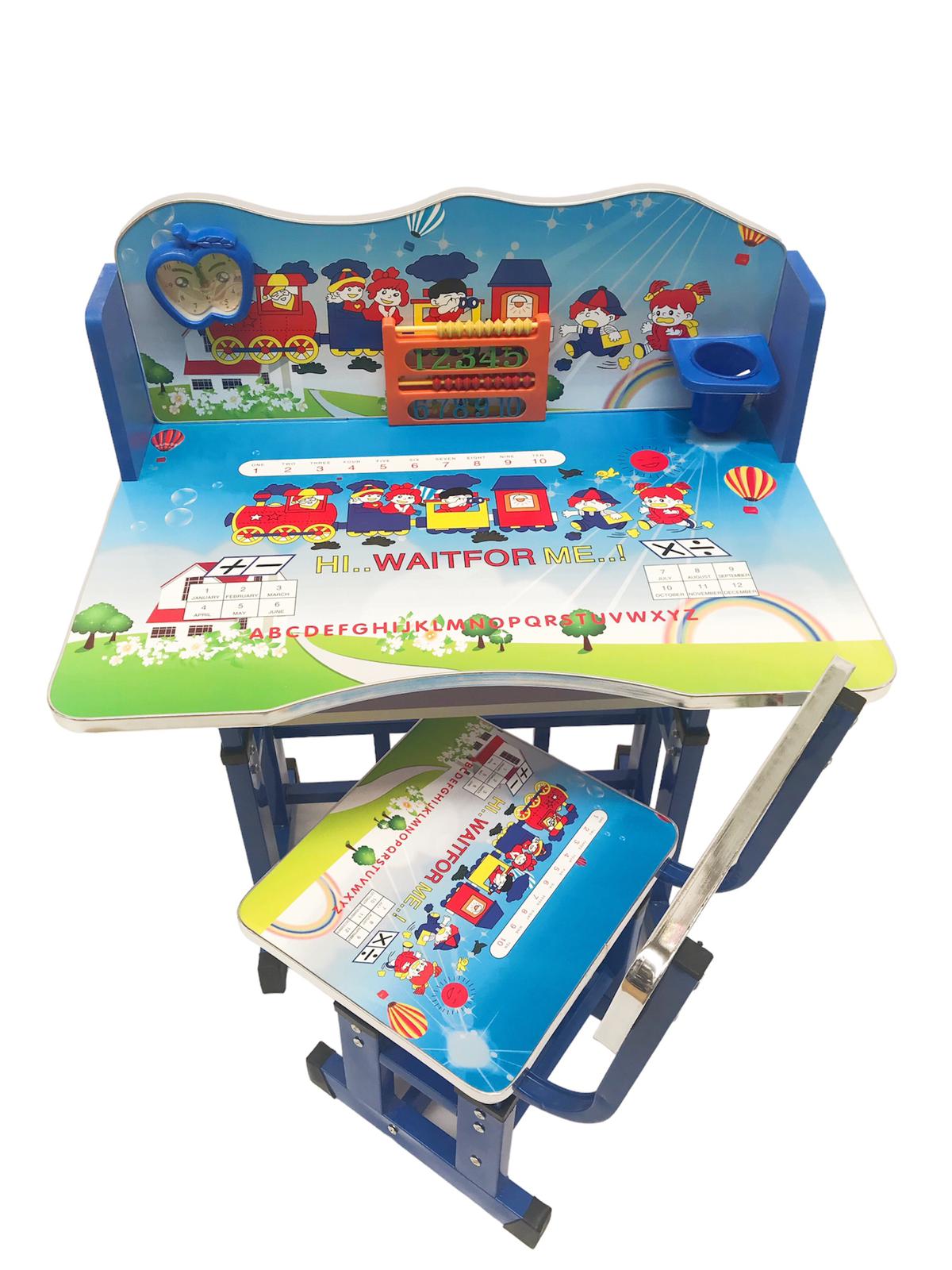 Birou cu scaun pentru copii, reglabile, cadru metalic si lemn, multicolor