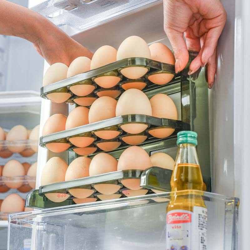 Suport organizator etajat, triplu, pentru depozitare 30 oua, transparent