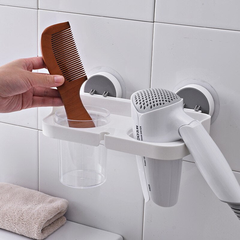 Suport baie pentru uscatorul de par, periute de dinti si pahar, alb