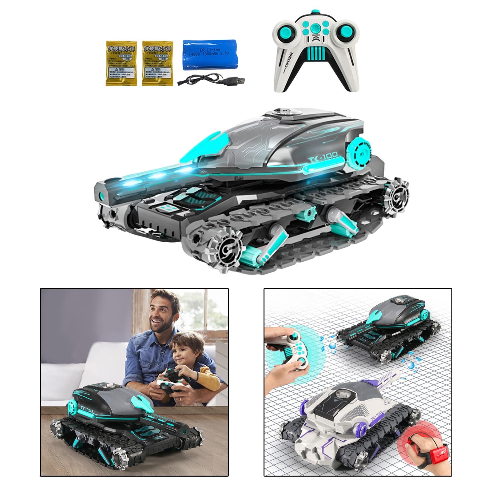 Masina de jucarie cu telecomanda, tip tanc, care trage cu mingi de apa, negru/albastru