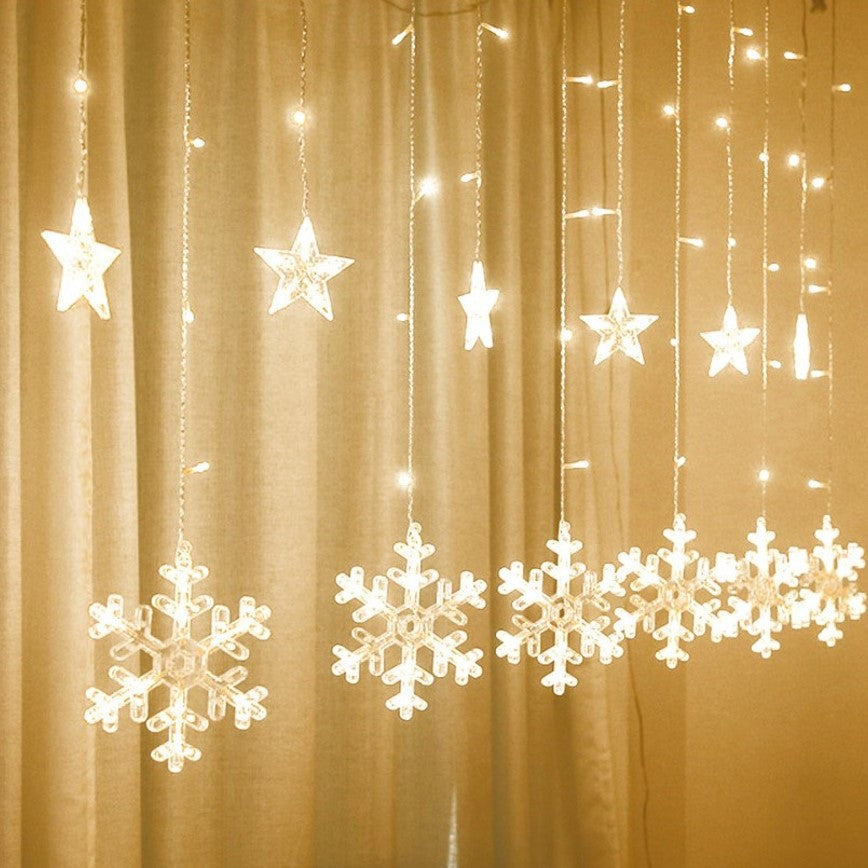 Instalatie Craciun, 10 figurinte, perdea cu fulgi si stele, lumina calda, 4m