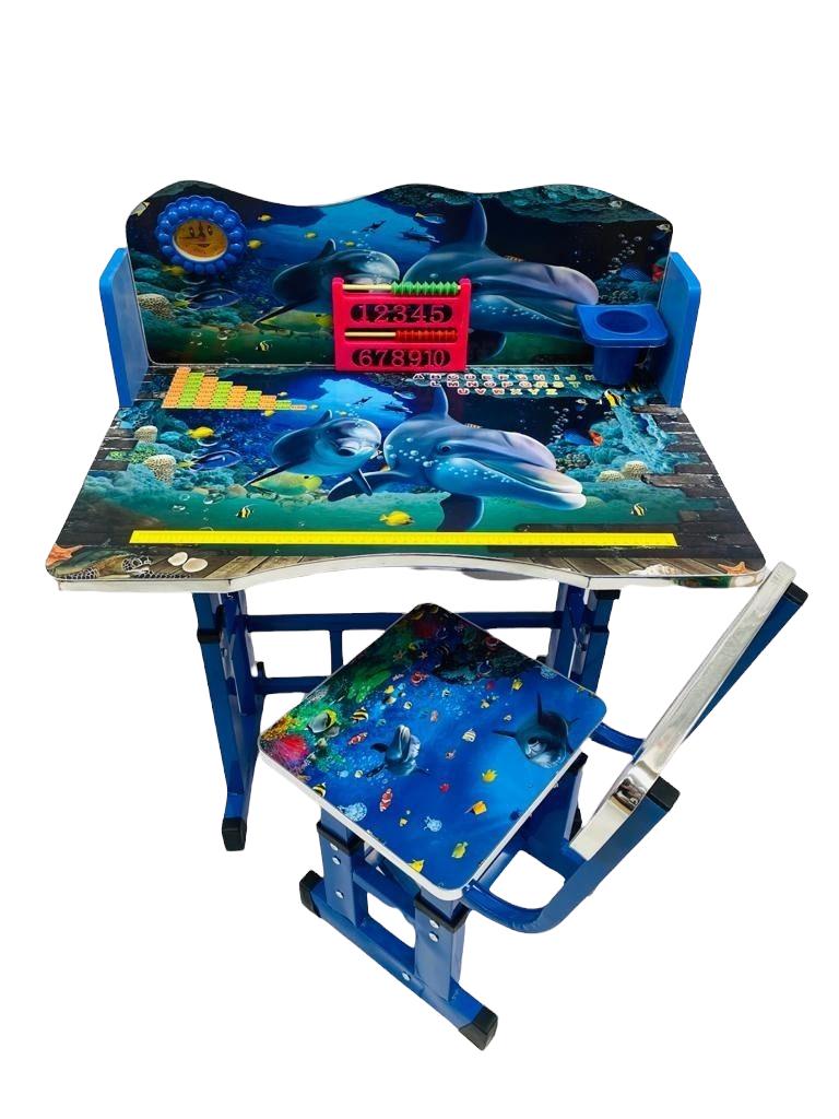 Birou cu scaun pentru copii, reglabile, cadru metalic si lemn, multicolor