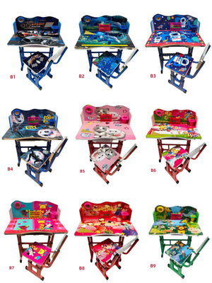 Birou cu scaun pentru copii, reglabile, cadru metalic si lemn, multicolor