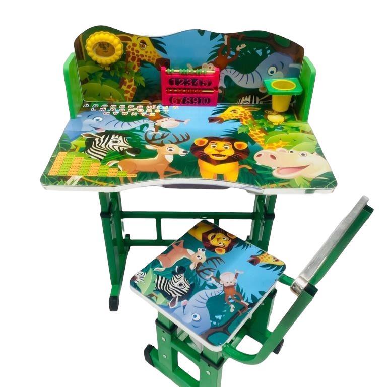 Birou cu scaun pentru copii, reglabile, cadru metalic si lemn, multicolor