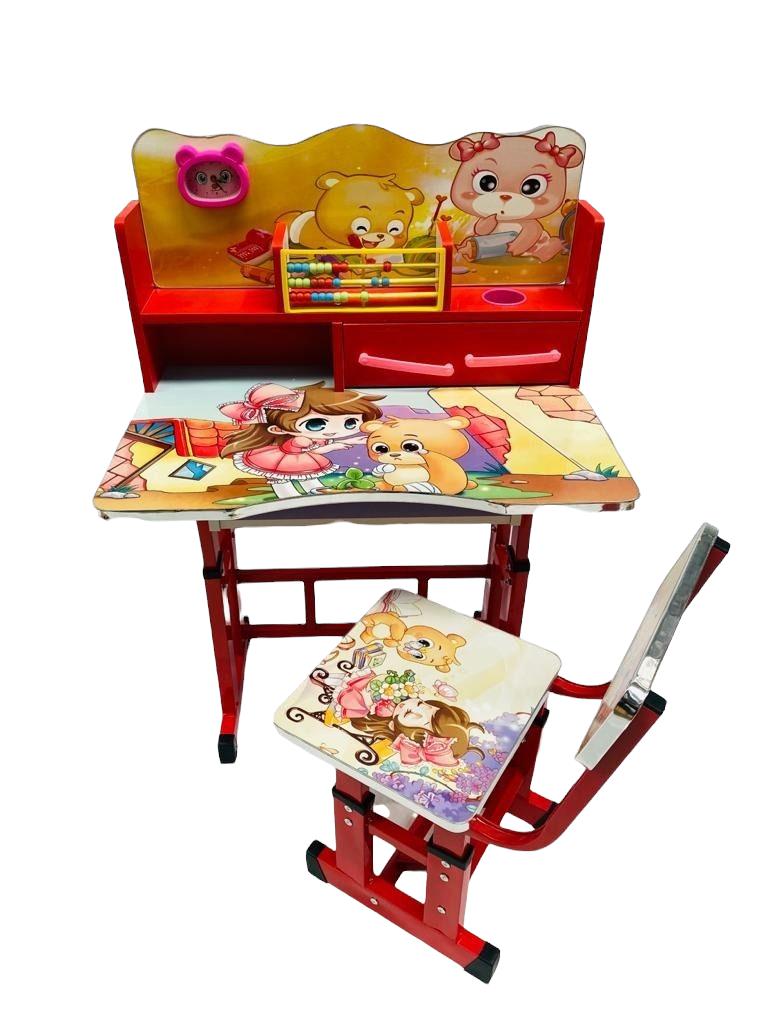 Birou mare cu scaun pentru copii, reglabile, cadru metalic si lemn, multicolor